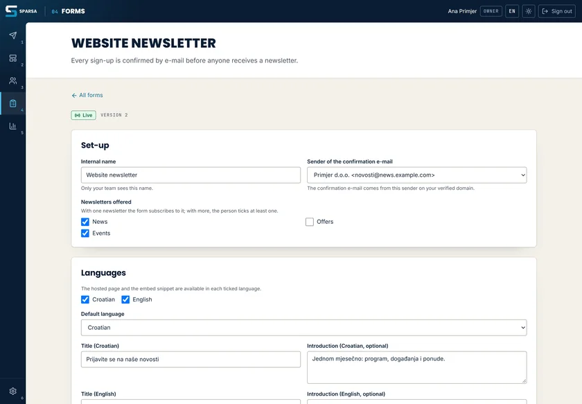 Un modulo di iscrizione in Sparsa: il mittente dell’e-mail di conferma, le newsletter proposte e il titolo e l’introduzione in croato e in inglese.